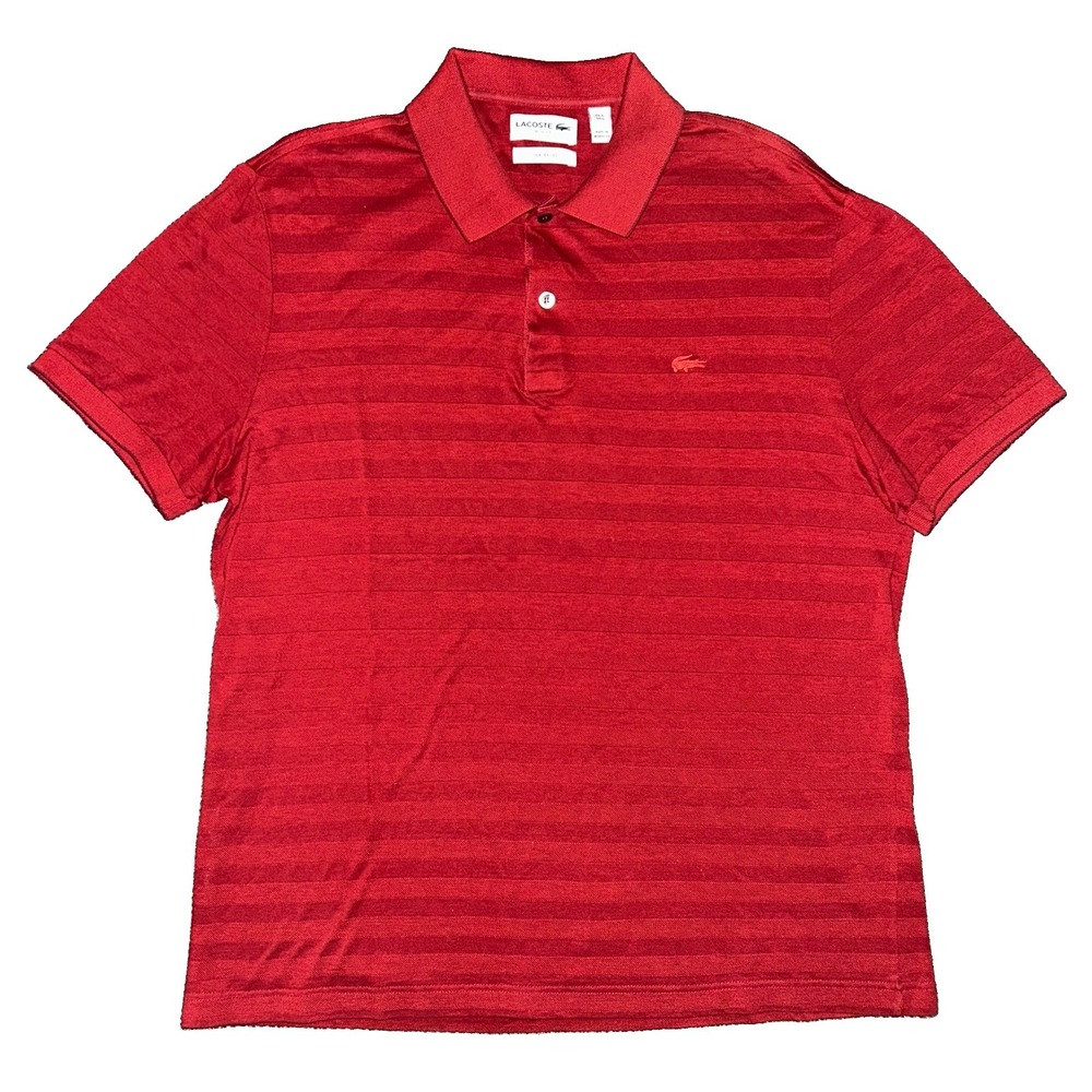Lacoste Men's Red Striped Slim Fit Short Sleeve Polo Shirt FR 5 Large Mercerised